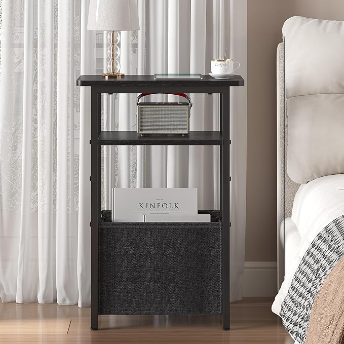 Narrow Side Table Set of 2, Skinny End Tables with Fabric Basket, Small Side Tables for Small Space,2-Tier Open Shelves with Basket, Slim Nightstands Set 2 for Bedroom,Livinroom,Office, Black