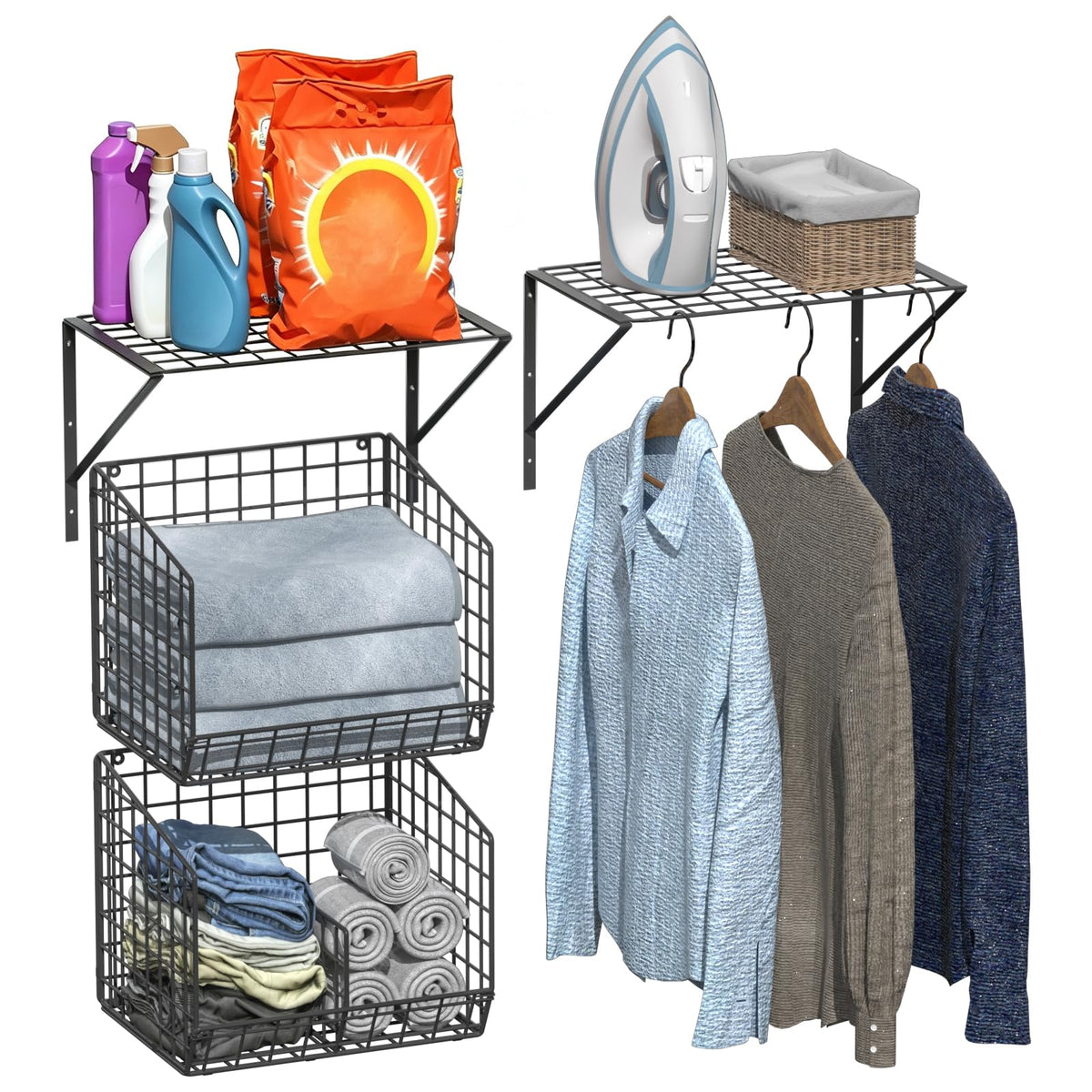 2 Pack Laundry Room Shelves with Wire Baskets, Over - Image 1