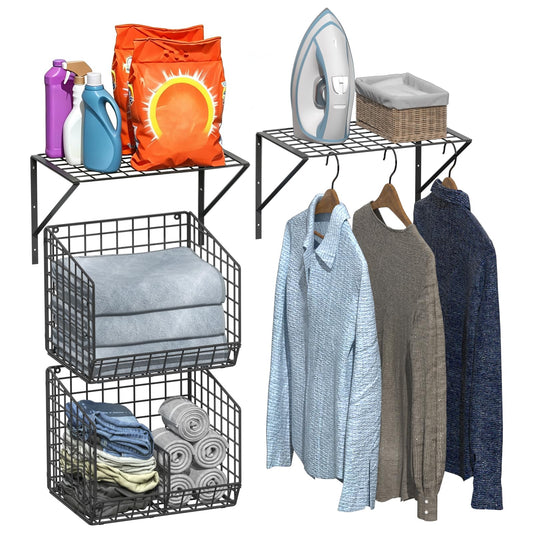 2 Pack Laundry Room Shelves with Wire Baskets, Over - Image 1