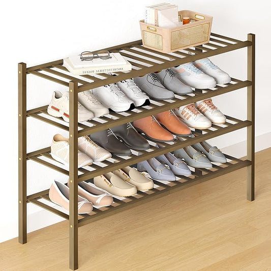 Smiry Bamboo Shoe Rack for Closet, 4 Tier Long Wooden Stackable Shoe Organizer, Free Standing Shoes Storage Shelf for Entryway, Front Door Entrance, Walnut