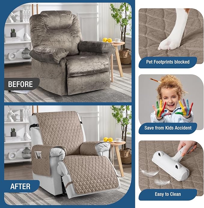 TAOCOCO 100% Waterproof Recliner Cover - Recliner Chair Cover with Non-Slip Granule, Elastic Band, Storage Pockets (Taupe, Large-28'')