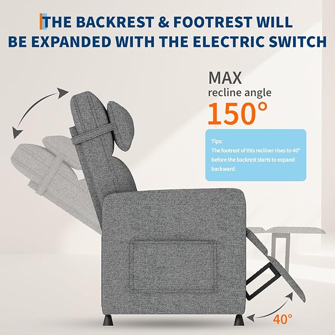 GarveeHome Electric Recliner Chair Living Room Chair Adjustable Power Recliner with Massage & Heat & Lumbar Support & Side Pockets & USB Port(Gray)