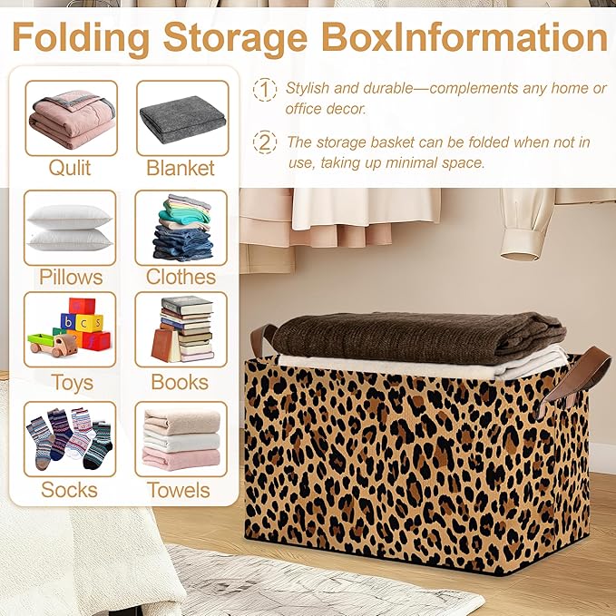 Storage Bin with Handles, Leopard Print Collapsible Laundry Baskets for Books, Laundry - Use in Nursery, Closet Organizers and Storage, Blanket Basket
