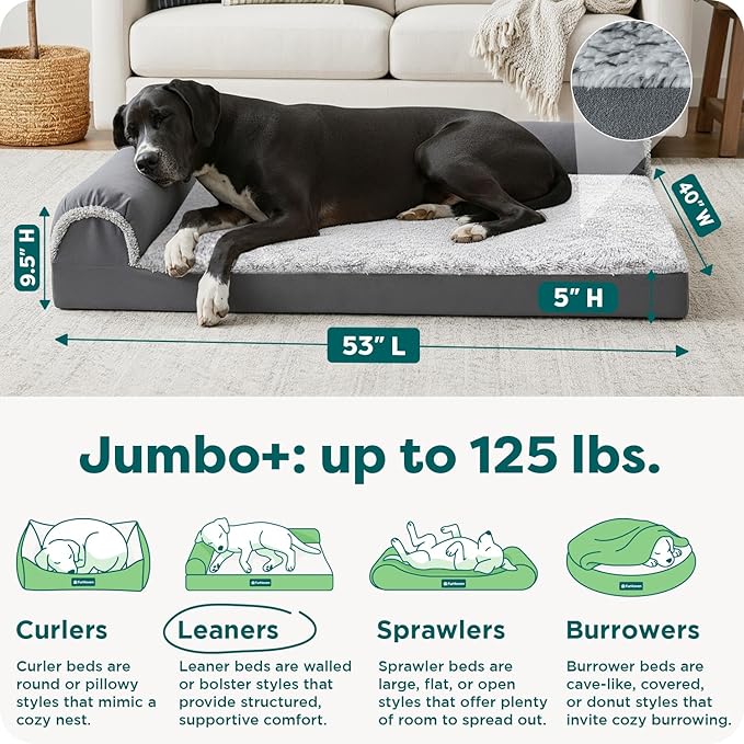 Furhaven Orthopedic Dog Bed for Large Dogs w/ Removable Bolsters & Washable Cover, For Dogs Up to 125 lbs - Two-Tone Plush Faux Fur & Suede L Shaped Chaise - Stone Gray, Jumbo Plus/XXL