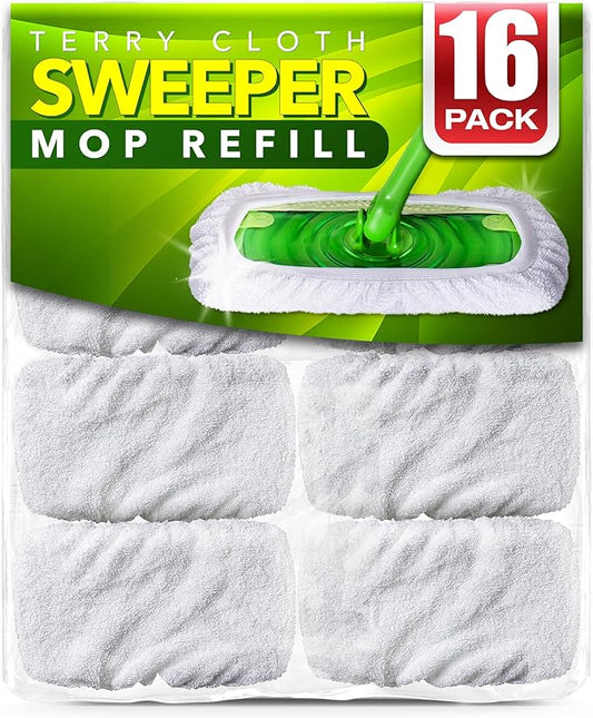 VanDuck Reusable 100% Cotton Mop Pads (16-Pack), Terry Cloth Mop Covers Washable for Wet Mopping and Floor Cleaning (Handle is Not Included)