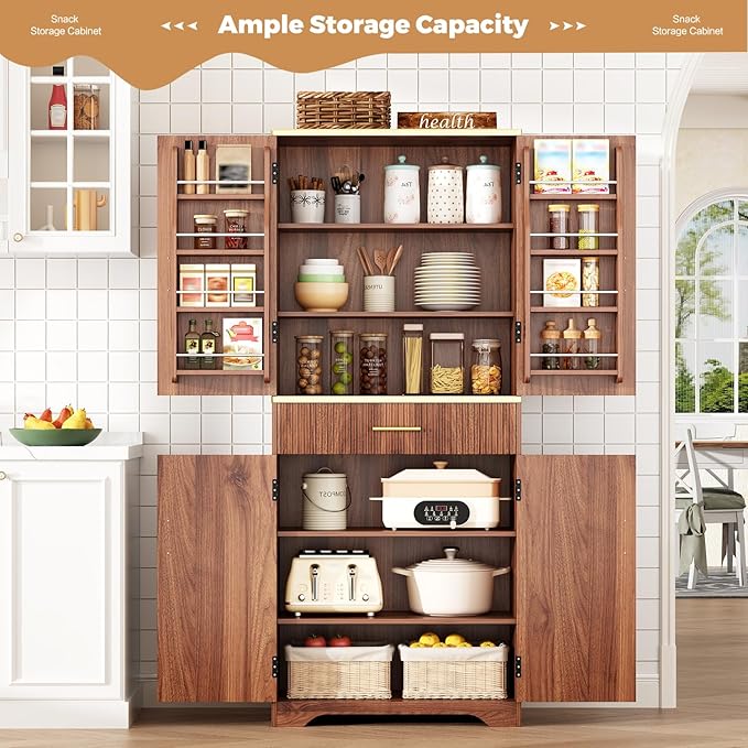 Fluted Pantry Cabinet, 71" Tall Modern Storage Cabinet with 4 Doors, Organizer, Drawer and 8 Door Shelves, Wood Cupboard for Kitchen, Dining Room, Living Room and Bathroom, Walnut