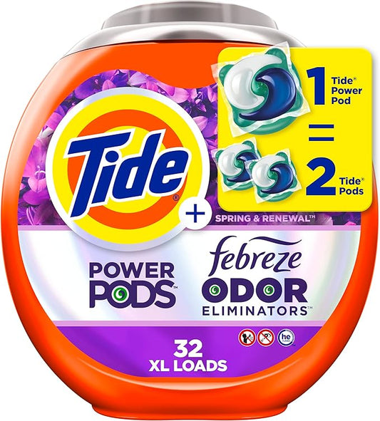 Tide Power Pods Laundry Detergent Pacs with Febreze, 32 Count, Spring & Renewal Scent, Febreze Freshness with Odor Eliminators