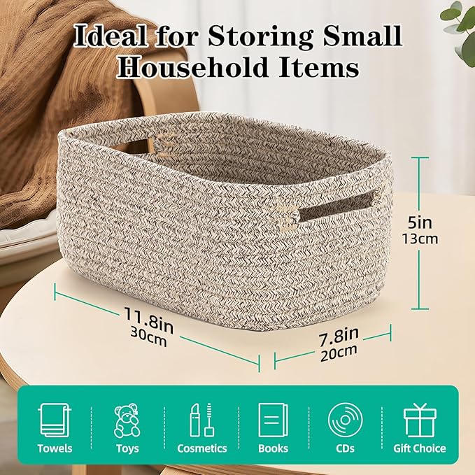 Bidtakay Small Cotton Rope Storage Baskets for Organizing 3 Pack Woven Baskets for Storage Closet Organizer Bins for Shleves 11.8×7.8×5 inch Cute Boho Decorative Basket with Handles - Light Tan