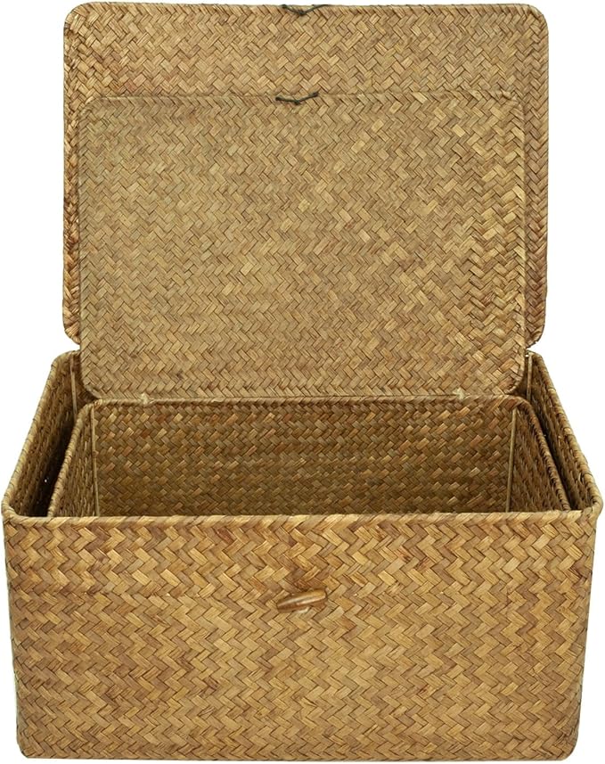 2-Pack Wicker Storage Baskets with Lid, Coffee Large & X-Large Rectangular Sea Grass Baskets