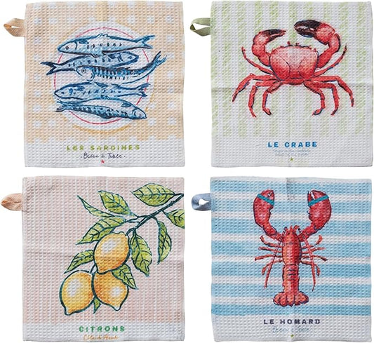 Creative Co-Op 4-Piece Printed Microfiber Dish Cloth with Sea Life/Lemons, Multicolor