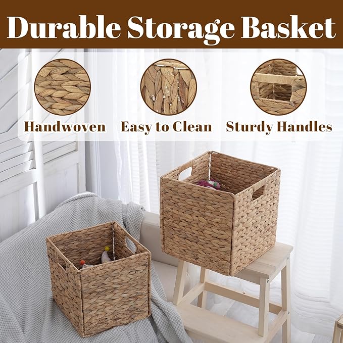 Foldable Wicker Storage Baskets 4-Pack, 11.2 Inch Collapsible Woven Cube Organizer Bins, Hyacinth Storage Baskets for Home, Shelf, Closet, Office Organization