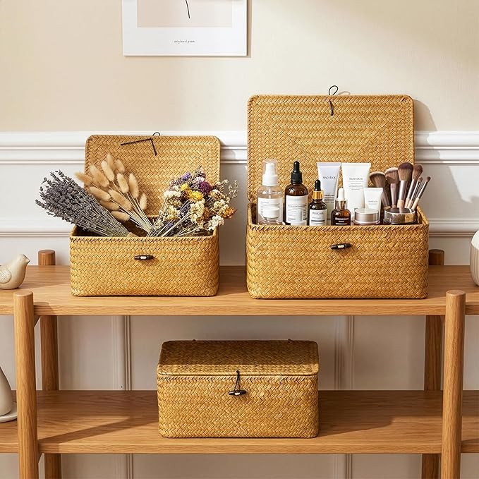 Yesland Shelf Baskets with Lid Set of 3, Handwoven Seagrass Storage Bins Box Rectangular Seagrass Basket Storage Organizer Wicker Basket for Shelf