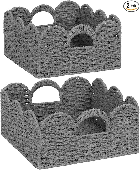 Scalloped Wicker Basket Natural Paper Rope Storage Baskets with Handles Handwoven Organizer Bin Wicker Storage Baskets for Home Decor, Organizing, 2 Pack (Grey)