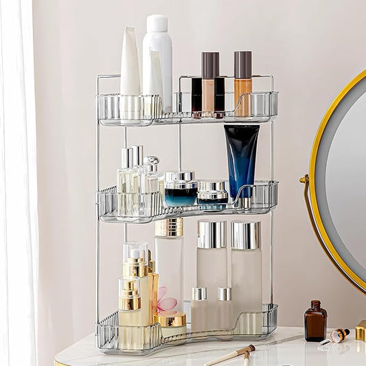 Corner Bathroom Counter Organizer Bathroom Countertop Shelf Makeup Organizer for Vanity Perfume Tray for Corner Storage (3 Tiers, Grey)