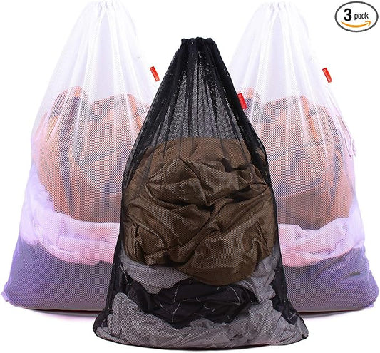 3 Pack Mesh Laundry Bags, 24 x 36 Inches Heavy Duty Drawstring Bag, Factories, College, Dorm, Travel and Apartment Dwellers, (2 White & 1 Black)