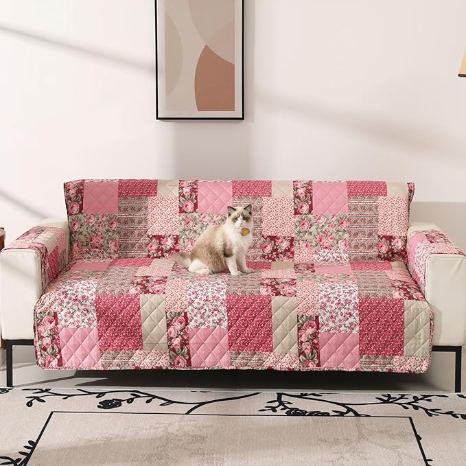 Skidproof Sofa Cover-Patchwork Sofa Slipcover with Elastic Straps-Easy Fit Slip Cover-Washable Furniture Protector for Pets and Kids(Loveseat,Hot Pink)