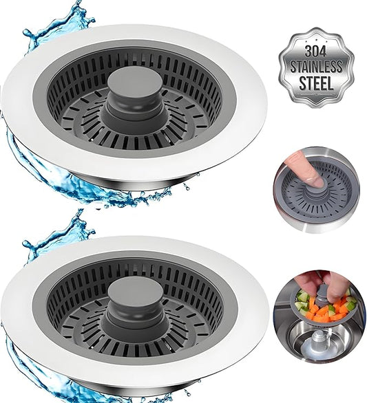 Kitchen Sink Drain Strainer 2 Pack, 3 in 1 Pop-up Stainless Steel Sink Stopper, Large Capacity Anti Clogging Basket Sink Filter with Handle Rod for American Standard 3-1/2 inch Drain Pipes Strainer