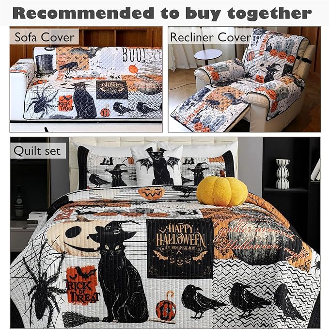 Cmfshape Halloween Skidproof Sofa Cover-Festival Sofa Slipcover with Elastic Straps-Easy Fit Slip Cover-Patchwork Washable Furniture Protector for Pets and Kids(Loveseat,Black&Orange)