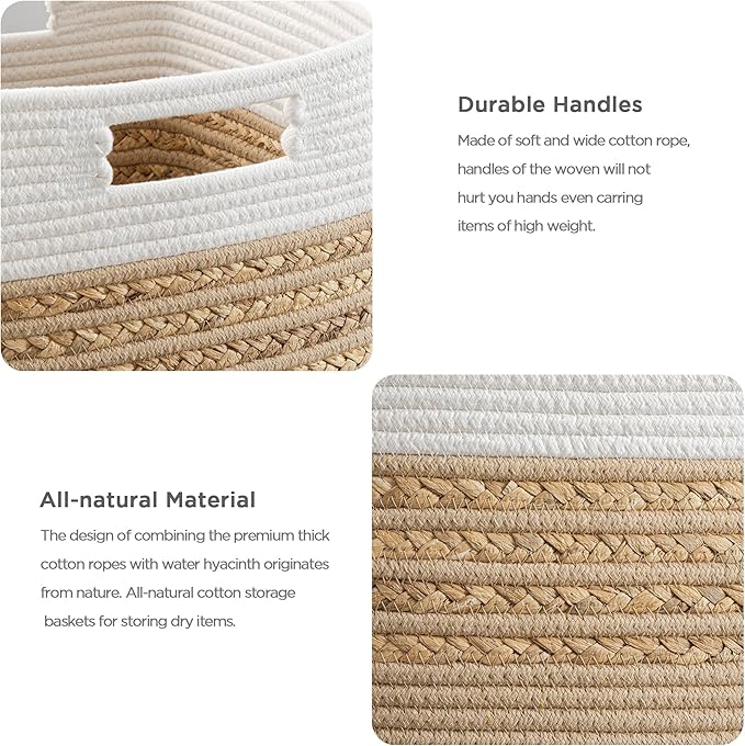 UBBCARE Set of 4 Storage Cubes 13 X 13 X 13 in, Water Hyacinth Storage Bins for Shelves, Toys, Book, Storage Baskets with Handles, Cotton Rope Woven Baskets for Organizing, Brown
