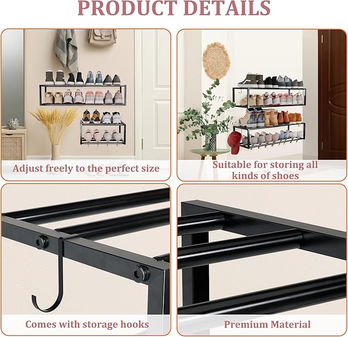 3 Pack Expandable Wall Mounted Shoe Rack, 17"-31" Adjustable Hanging Shoe Rack Holds 24 Pairs, Heavy Duty Metal Shoe Holder with 6 Storage Hooks, Space Saving for Entryway Closet Doorway（Black