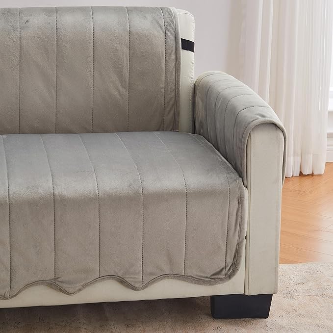 Great Bay Home Velvet Sofa Cover - Washable Slipcover Furniture Protector with Elastic Straps - Furniture Cover for Dogs, Kids, and Pets - Stitched Detail (Wild Dove Grey)