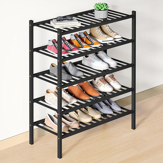 Smiry Bamboo Shoe Rack for Closet, 5 Tier Wooden Stackable Shoe Organizer, Free Standing Shoes Storage Shelf for Entryway, Front Door Entrance, Black