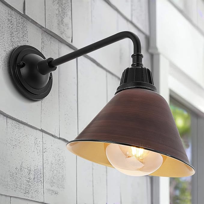 JONATHAN Y JYL7612G Croydon 9.63" 1-Light Farmhouse Industrial Indoor/Outdoor Iron LED Gooseneck Arm Outdoor Sconce Metal Bell Shade Vintage Cottage Rustic Porch Patio Yard Barn, Wood Finish/Copper