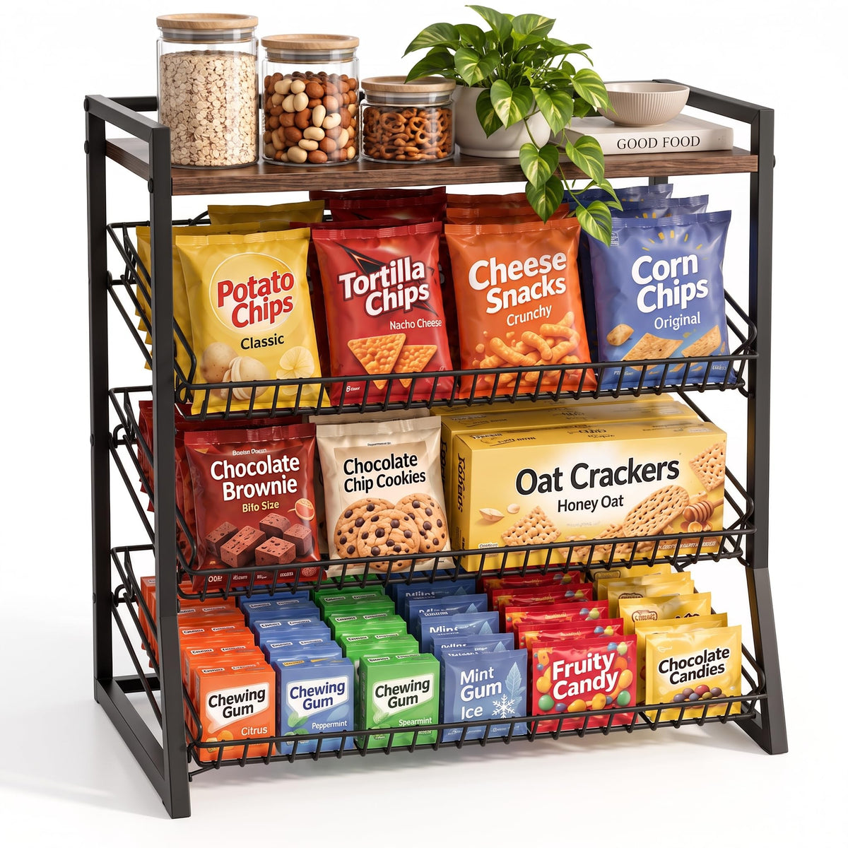 4-Tier Candy Display Rack, Countertop Snack Organizer with Wooden - Image 1