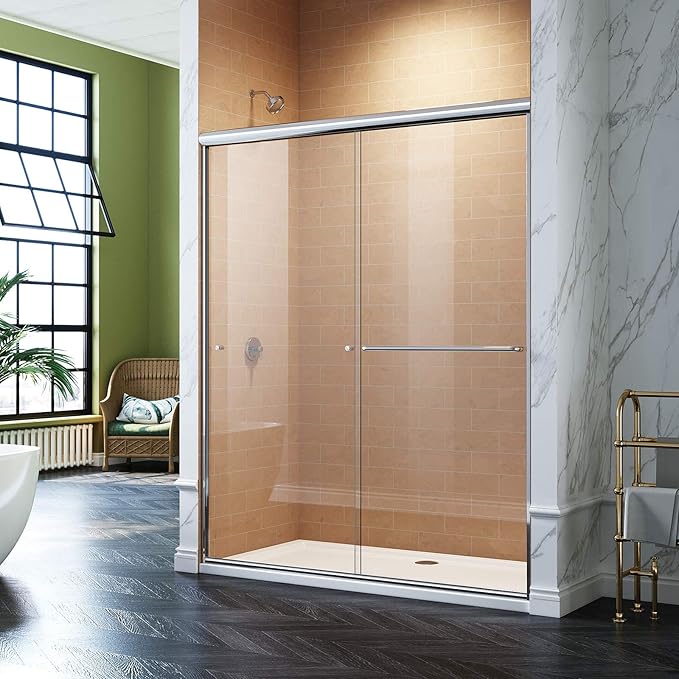 SUNNY SHOWER Double Sliding Shower Door Semi-Frameless Shower Enclosure 1/4 inch Glass Bypass Sliding Bathroom Door, Chrome Finish, 48 in. W x 72 in. H
