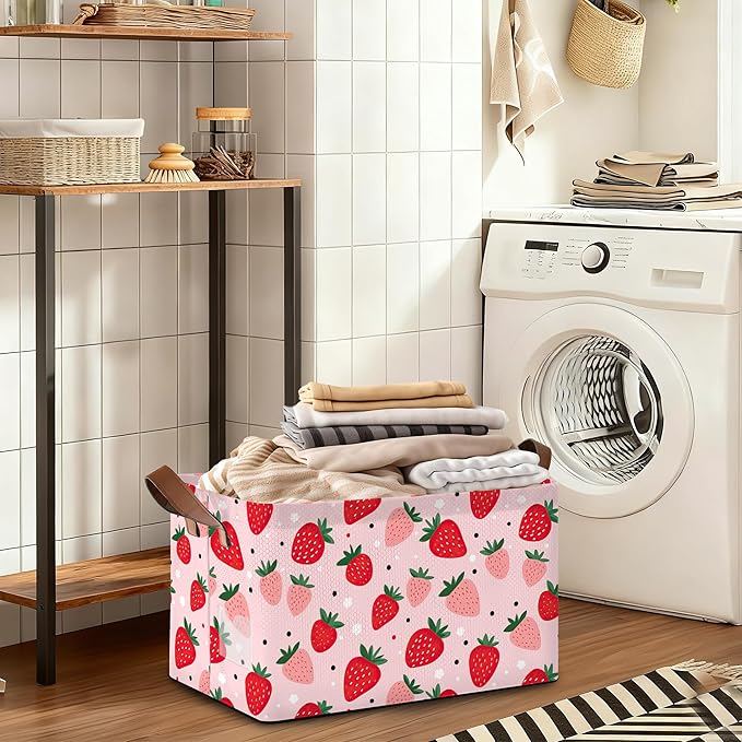 Storage Bin with Handles, Cute Strawberry Collapsible Laundry Baskets for Books, Laundry - Use in Nursery, Closet Organizers and Storage, Blanket Basket