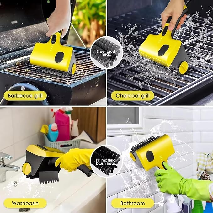 Electric BBQ Brush Grill Cleaner Rechargeable with Replaceable Stainless Steel and PP Brush Head - Cordless Power Roller Blasts Rotating Cleaning Brush for Outdoor BBQ, Kitchen, Bathroom (1PC)