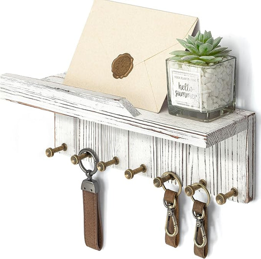 Rebee Vision Farmhouse Key Holder Wall Mount - Key and Mail Holder for Wall with 7 Sturdy Key Hooks and Floating Shelf - Boho Decor for Apartment Essentials (Whitewash)