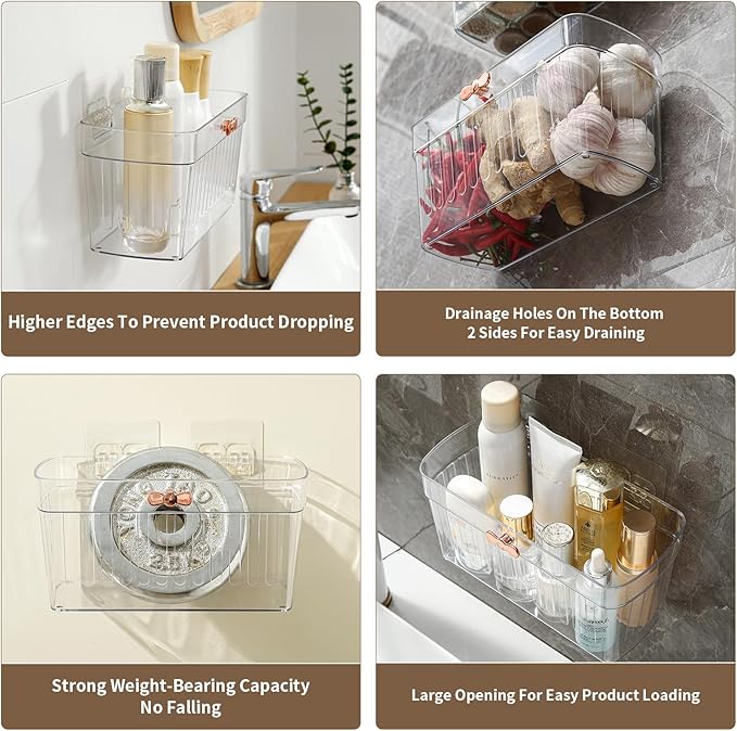 2 Pack Adhesive Cabinet Door Organizer, Compact Kitchen Under Sink Organizer, Clear Lid Storage Container for Pantry Shelves, Wall Mounted Bathroom Shower Caddy Hanging Closet Organizer
