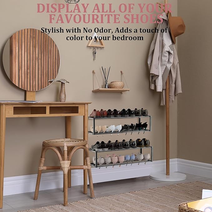 3 Pack Expandable Wall Mounted Shoe Rack, 17"-31" Adjustable Hanging Shoe Rack Holds 24 Pairs, Heavy Duty Metal Shoe Holder with 6 Storage Hooks, Space Saving for Entryway Closet Doorway（Black