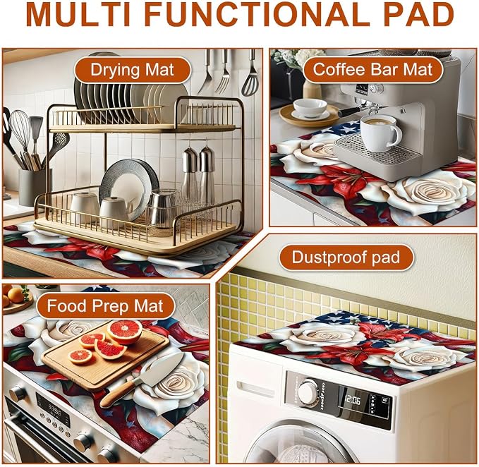 Stove Top Cover for Electric 28x20 Inch American Flag Rose Lily Kitchen Mat Heat Resistant Stovetop Cover Pad Countertop Protector for Electric Glass Cooktop Patriotic Kitchen Decor