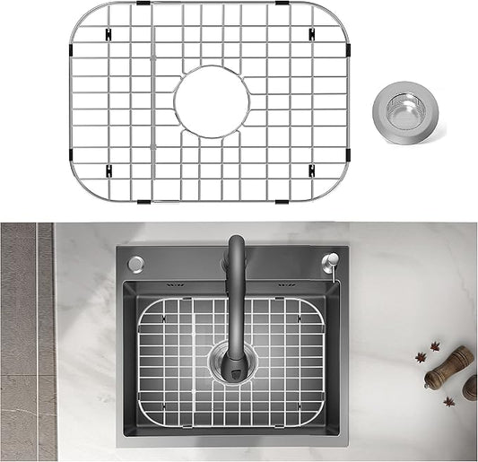 Stainless Steel Sink Protector 18-1/8" x 13-3/8" with Center Drain, Metal Sink Rack for Bottom of Sink, Kitchen Sink Grate and Sink Protectors with Sink Strainer (18-1/8" x 13-3/8" - Center Drain)