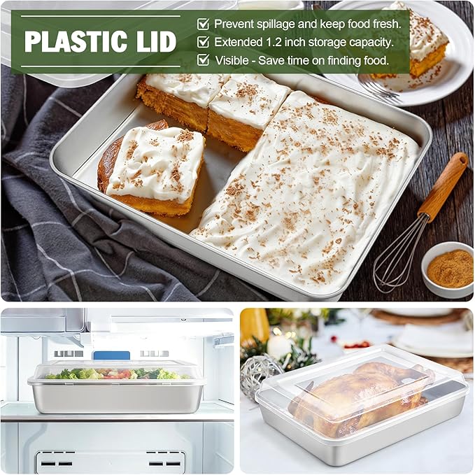 TeamFar Rectangular Cake Pan with Lid, 10.5’’ Stainless Steel Small Lasagna Baking Roasting Brownie Pan, Non-toxic & Deep Side, Brushed Surface & Dishwasher Safe, 2 PCS