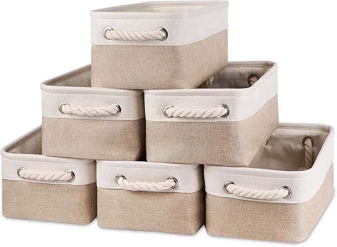 Bidtakay Small Baskets Fabric Storage [6 Pack] Beige Storage Bins 11.8 X 7.8 X 5 Inches Empty Gift Basket Decorative Storage Baskets for Shelves, Baby Clothes Storage, Bathroom(White&Beige)