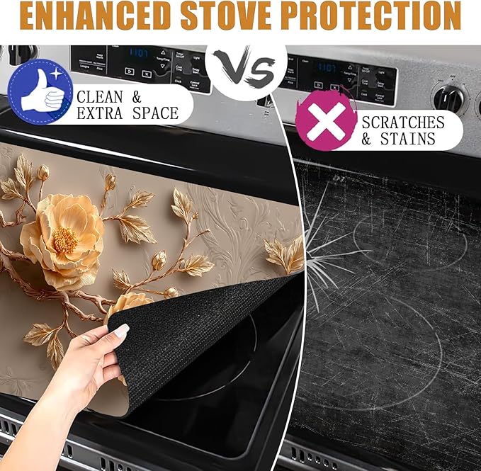 Stove Top Covers for Electric Stove, Oil-Resistant Stove Shield, Wipe-Clean Counter Protector, Multi-Purpose Appliance Pad, 28.3 x 20.5 Inches, Neutral Floral Decor（Peony flower2）