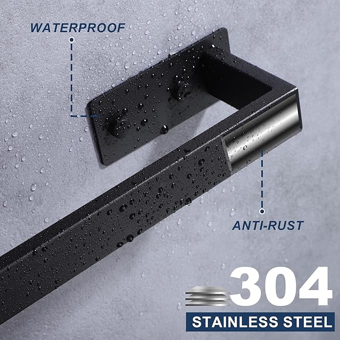 LANC Matte Black Bath Towel Rack 20-Inche Self-Adhesive Bathroom Towel Bar for Wall Mounted and No Drilling Towel Rod, Sticky on Kitchen Bathroom Towel Holder 304 Stainless Steel, A8310MB-L5