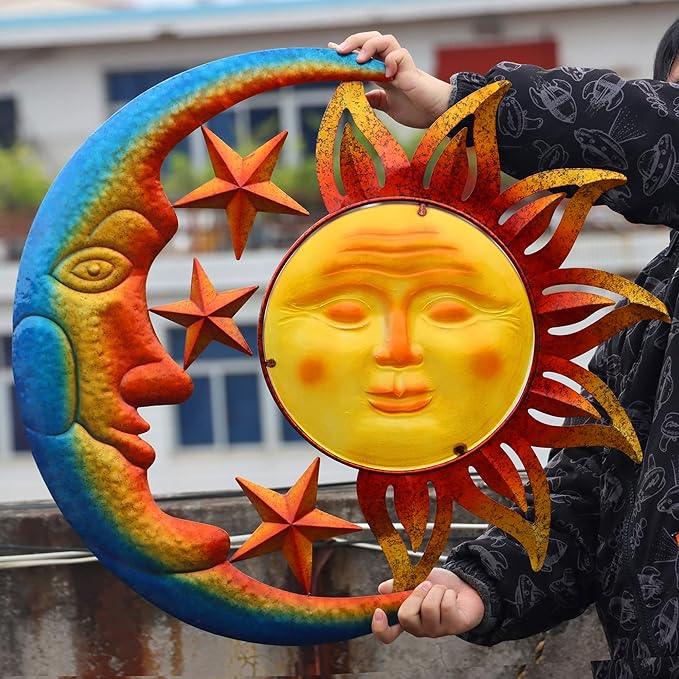 Metal Larger Size 32 Inch Sun Outdoor Wall Art Decor with Moon & Stars,Hanging for Indoor Outdoor Patio Garden Fence Deck Yard Pool Wall Sculpture Decoration for Living Room Bedroom