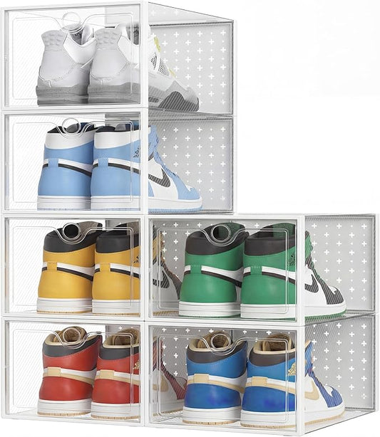 Pinkpum XXL Larger Shoe Storage Boxes Fit Size 14, Clear Plastic Stackable Shoe Organizer 6 Pack Sneaker Storage for Sneakerheads Shoe Containers