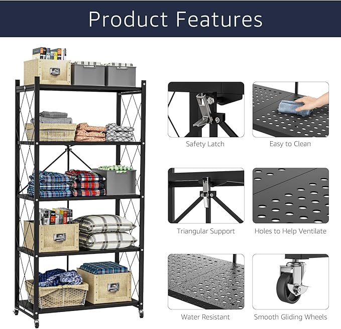 5-Tier Foldable Storage Shelf with Wheels | Metal Rack Collapsible Shelving Display | Rolling Cart for Books Kitchen Storage Shelves | Pantry & Closet Organizer | Office Room Decor