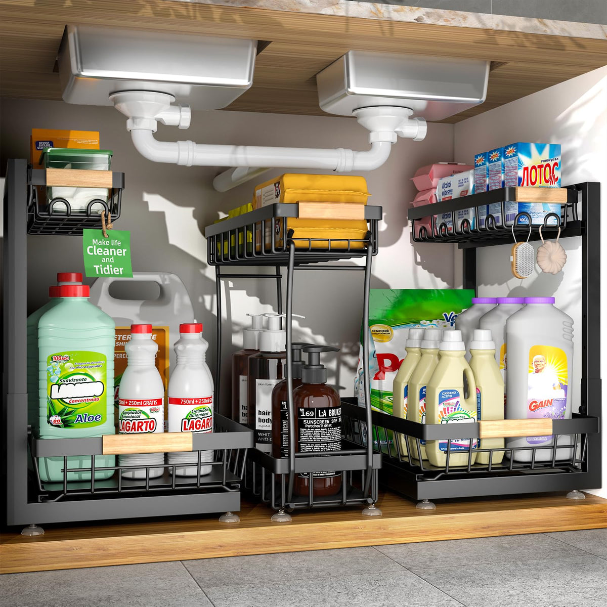 3-Pack Under Sink Organizer, 2-Tier Pull-Out Cabinet Organizer - Image 1