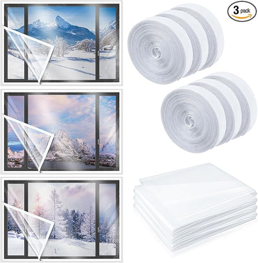 3 Sets 87 x 118 Inch Window Insulation Kit Cuttable Transparent Film with Adhesive Straps Reusable Window Plastic for Patio Winterizing Thicken Warm Winter Waterproof Attic Insulation Cover