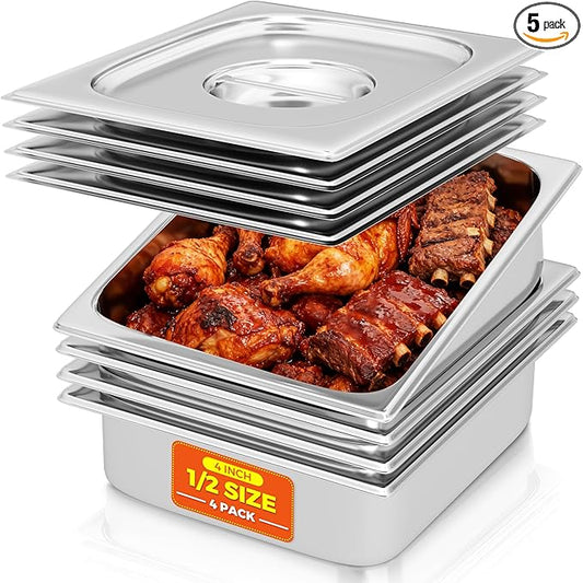 4 Pack Hotel Pans with Lids 1/2 Size 4" Deep, Stainless Steel Steam Table Pan with Lid, Commercial Metal Buffet Food Storage Container, Anti-Jam Design, for Restaurant, Kitchen, Party, Home