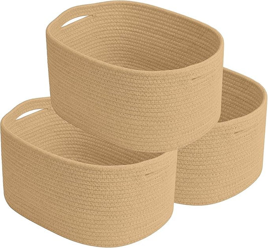 Cotton Rope Storage Basket, 15x10x9 Inches, Woven Basket for Shelves, Clothes, Towels, Books, and Laundry, Jute Brown (3 Pack)