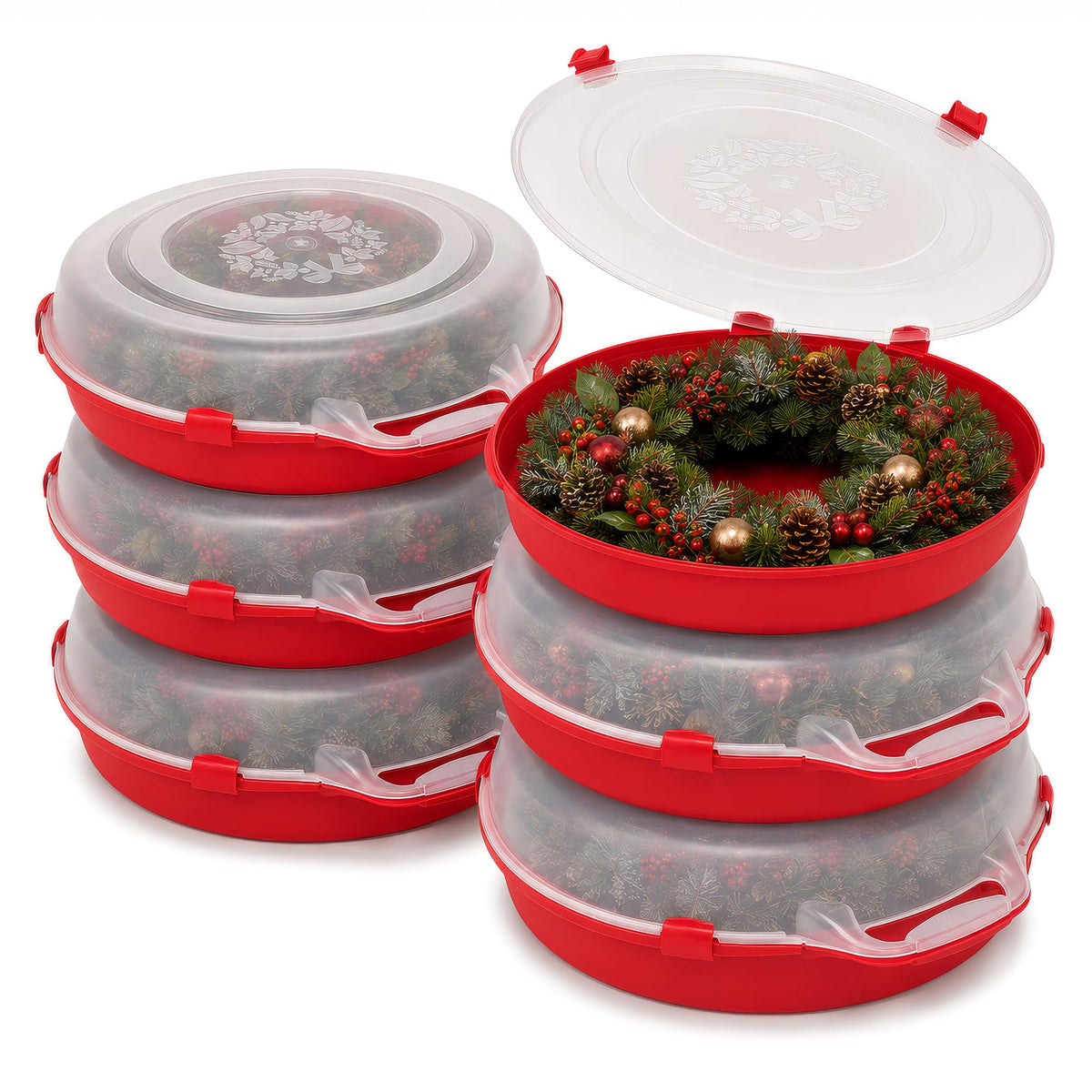 HOMZ Holiday Storage 24" Clear Plastic Wreath Container, Red - Image 1