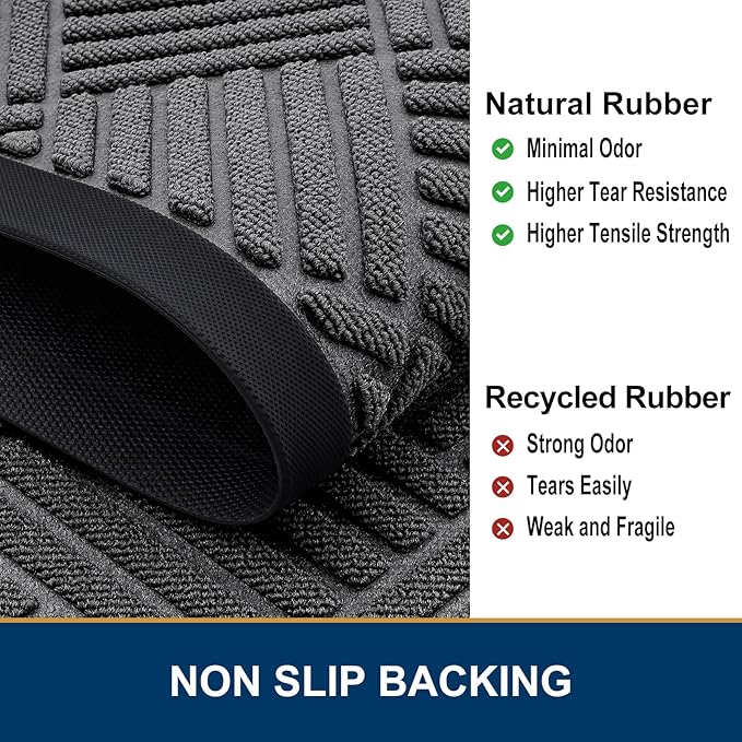 Smiry Front Door Mat Outside Entrance, Heavy Duty Outdoor Indoor Natural Rubber Doormat, Non Slip, Trap Dirt and Moisture, Easy Clean, Low Profile Patio Porch Entryway Mat, 47x23, Grey