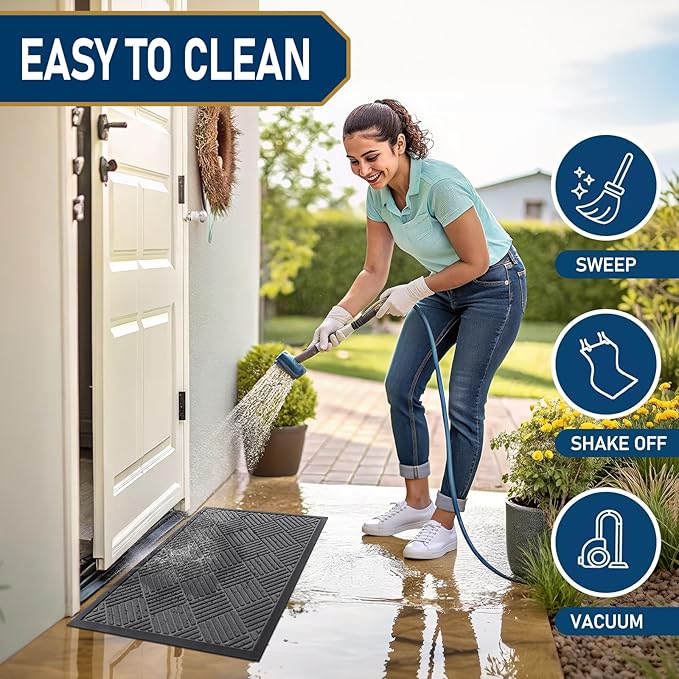 Smiry Front Door Mat Outside Entrance, Heavy Duty Outdoor Indoor Natural Rubber Doormat, Non Slip, Trap Dirt and Moisture, Easy Clean, Low Profile Patio Porch Entryway Mat, 47x17, Grey